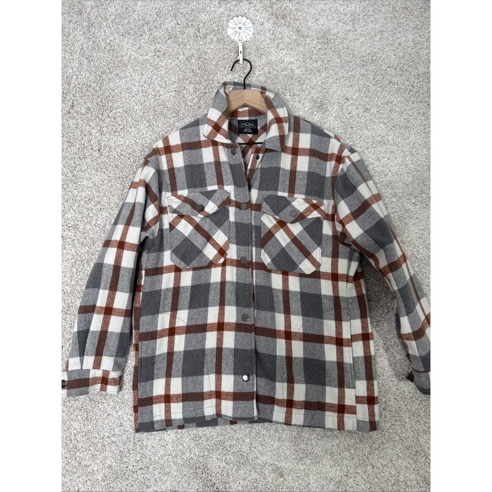 HFX Women Jacket XS Beige Plaid Flannel Pearl Snap‎ Shacket Wool Blend